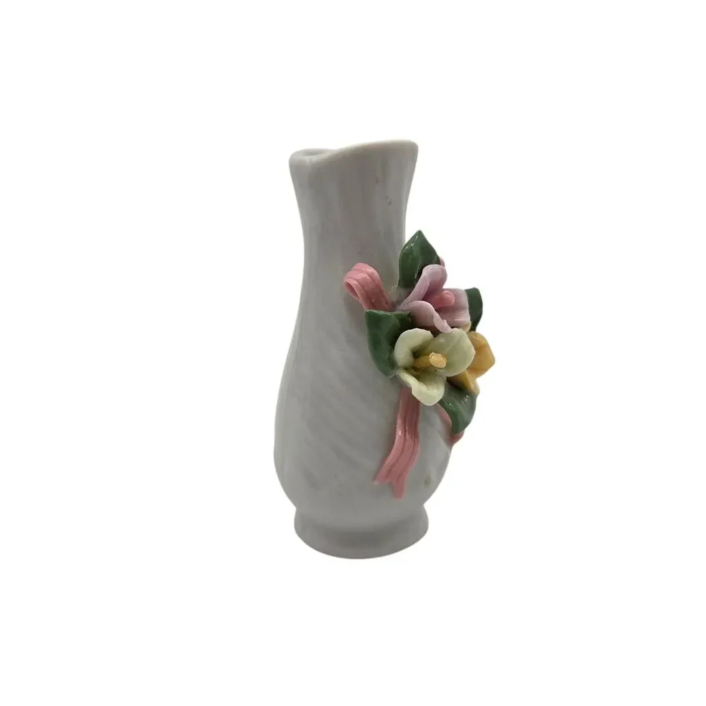 Vintage Miniature Bud Vase Porcelain 3D Applied Flowers Pink Ribbon Ribbed 3